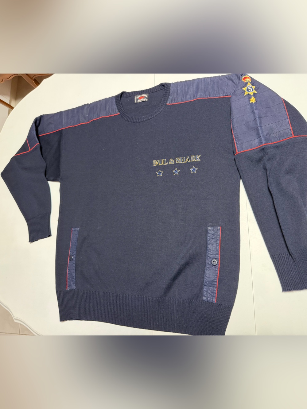 Paul & Shark Navy Crewneck with Red Piping and Embroidered Stars